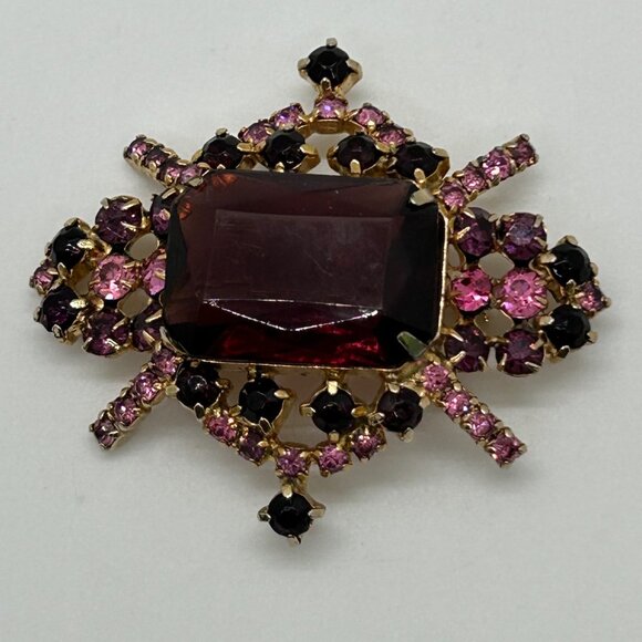 Vintage Gold-Tone Brooch With Ruby Red & Purple Rhinestones - Ornate Design - Picture 8 of 11